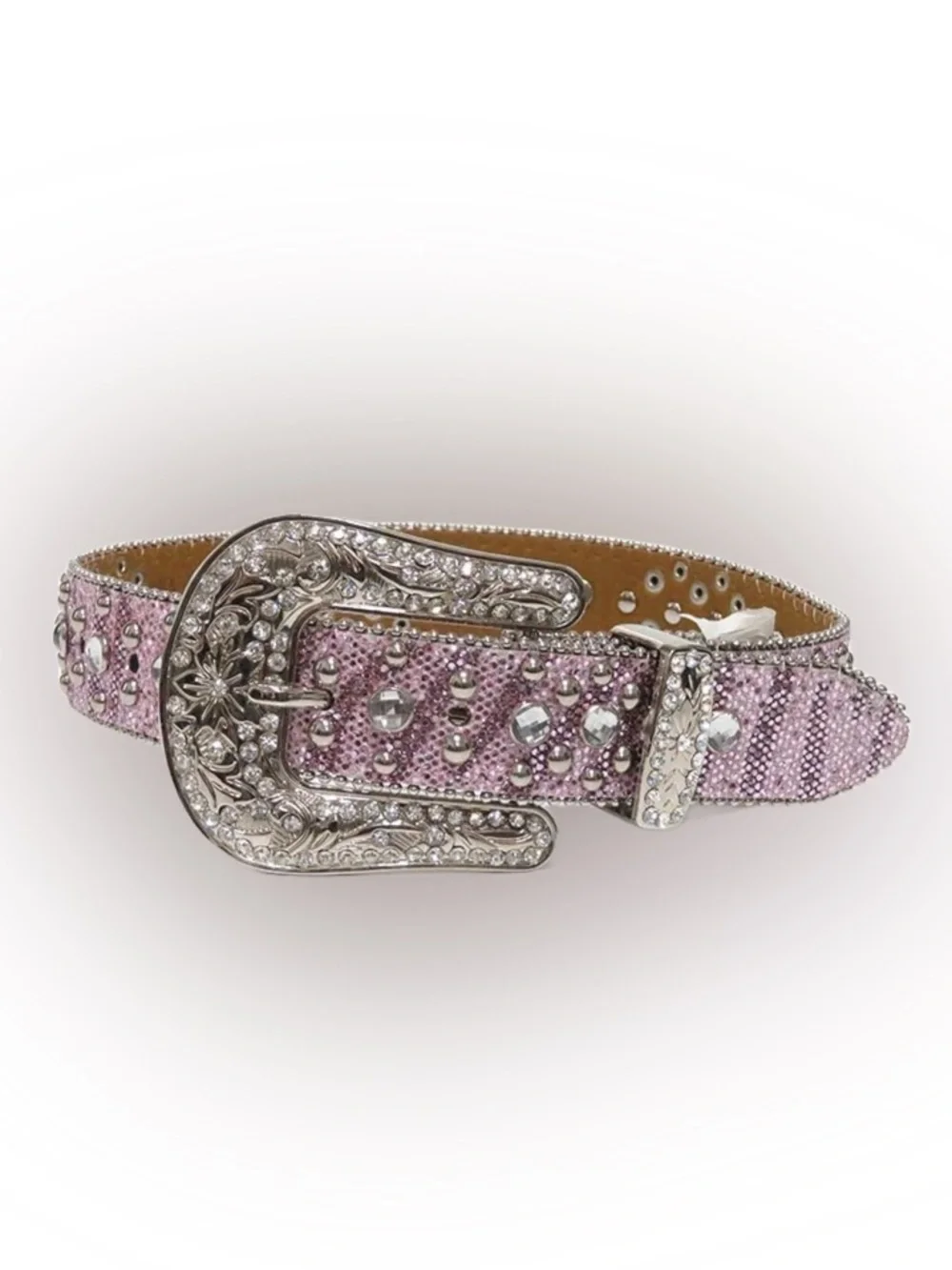 Girls Western Belt Rhinestone  Bling Pink Leather Studs Silver Tone Buckle 18